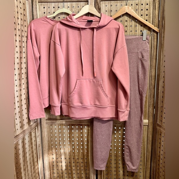 3 Piece Set Athletic Works Soft Sweatshirt Hoodie Herringbone Leggings Rose - Picture 2 of 9